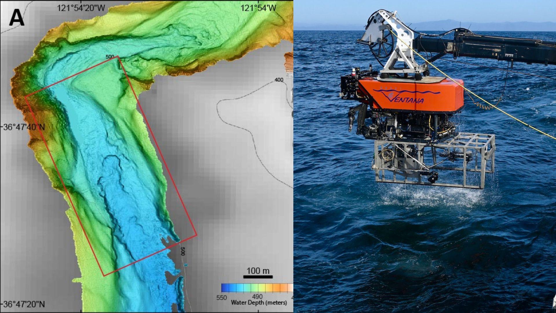 Precise map of water depth from MBARI of Monterey Canyon/Remotely operated vehicle (ROV) being removed from the ocean by MBARI