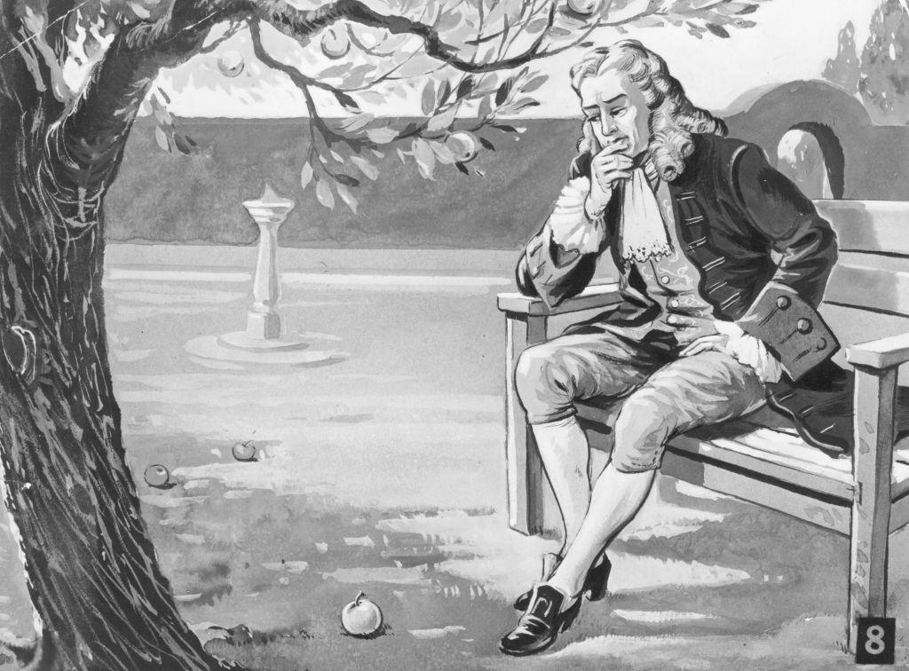 English mathematician and physicist Sir Isaac Newton (1642 - 1727) contemplates the force of gravity, as the famous story goes, on seeing an apple fall in his orchard circa 1665