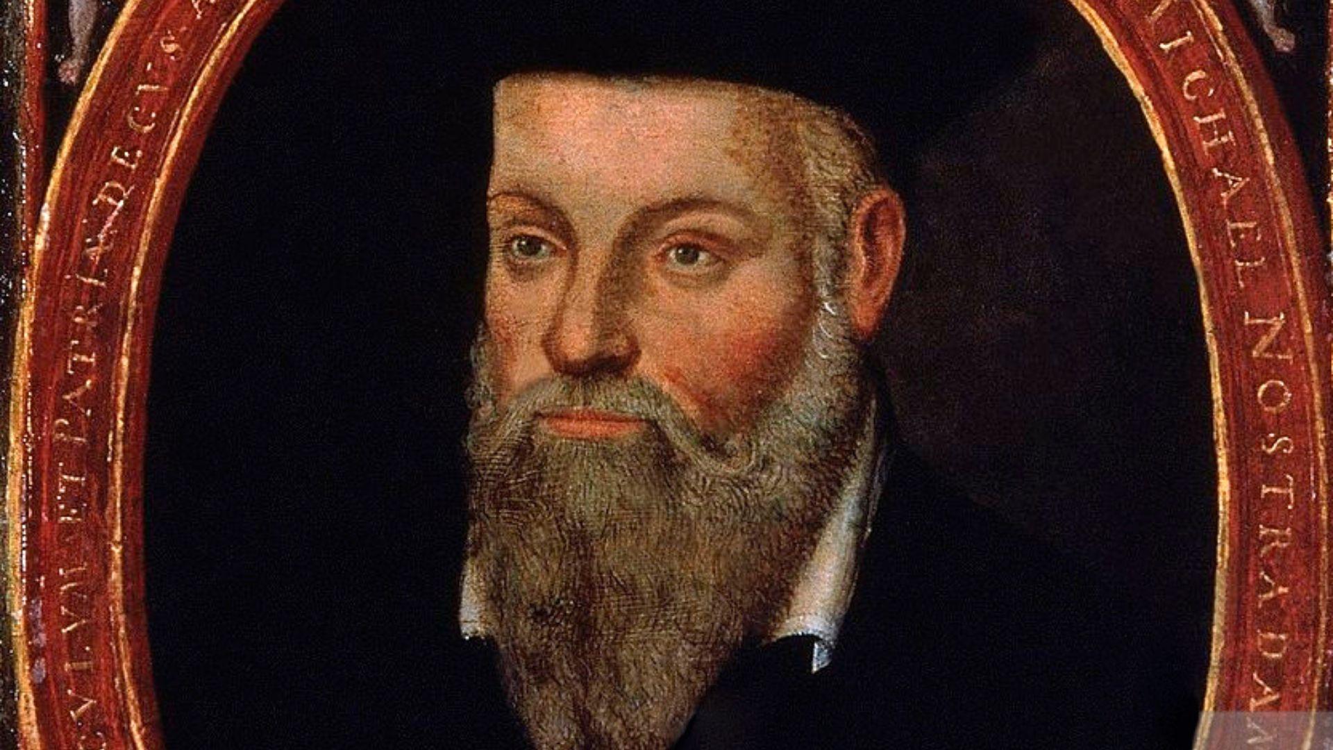 A classic portrait of Nostradamus, featuring a man with a full beard and a sharp gaze. He wears a black garment with a white collar, and the portrait is encircled by a decorative frame