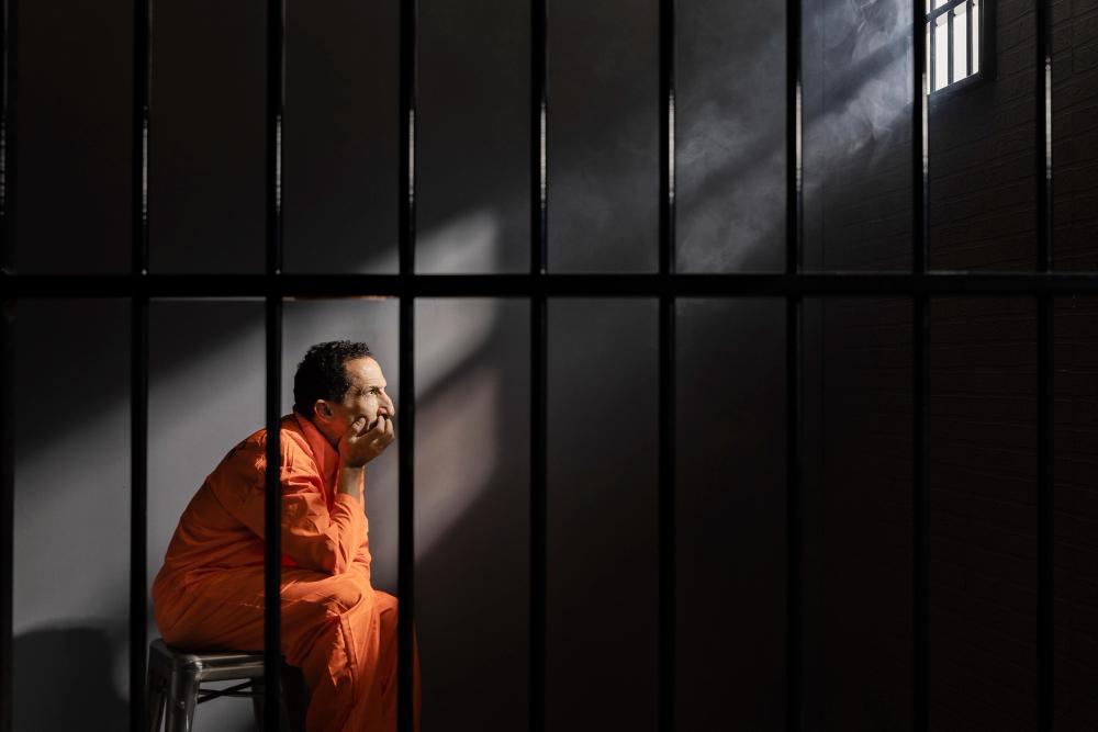 A man dressed in an orange jumpsuit sits alone in a prison cell