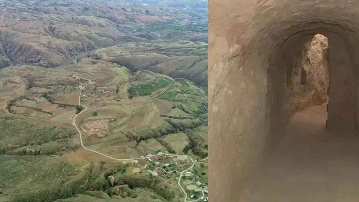 Birdseye view of the ruins of the ancient Stone City of Houchengzui/Photograph of one section of the tunnel system that sits beneath the ancient Chinese stone city