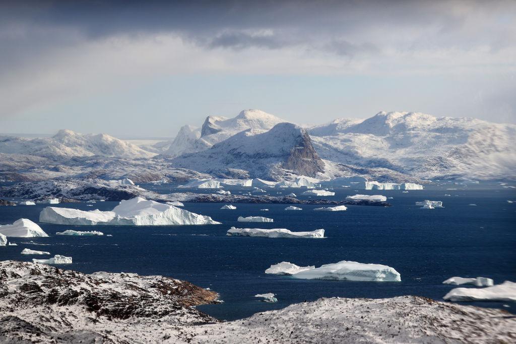 Icebergs are seen from NASA's Oceans Melting Greenland (OMG) research aircraft on September 7, 2021, near Upernavik, Greenland