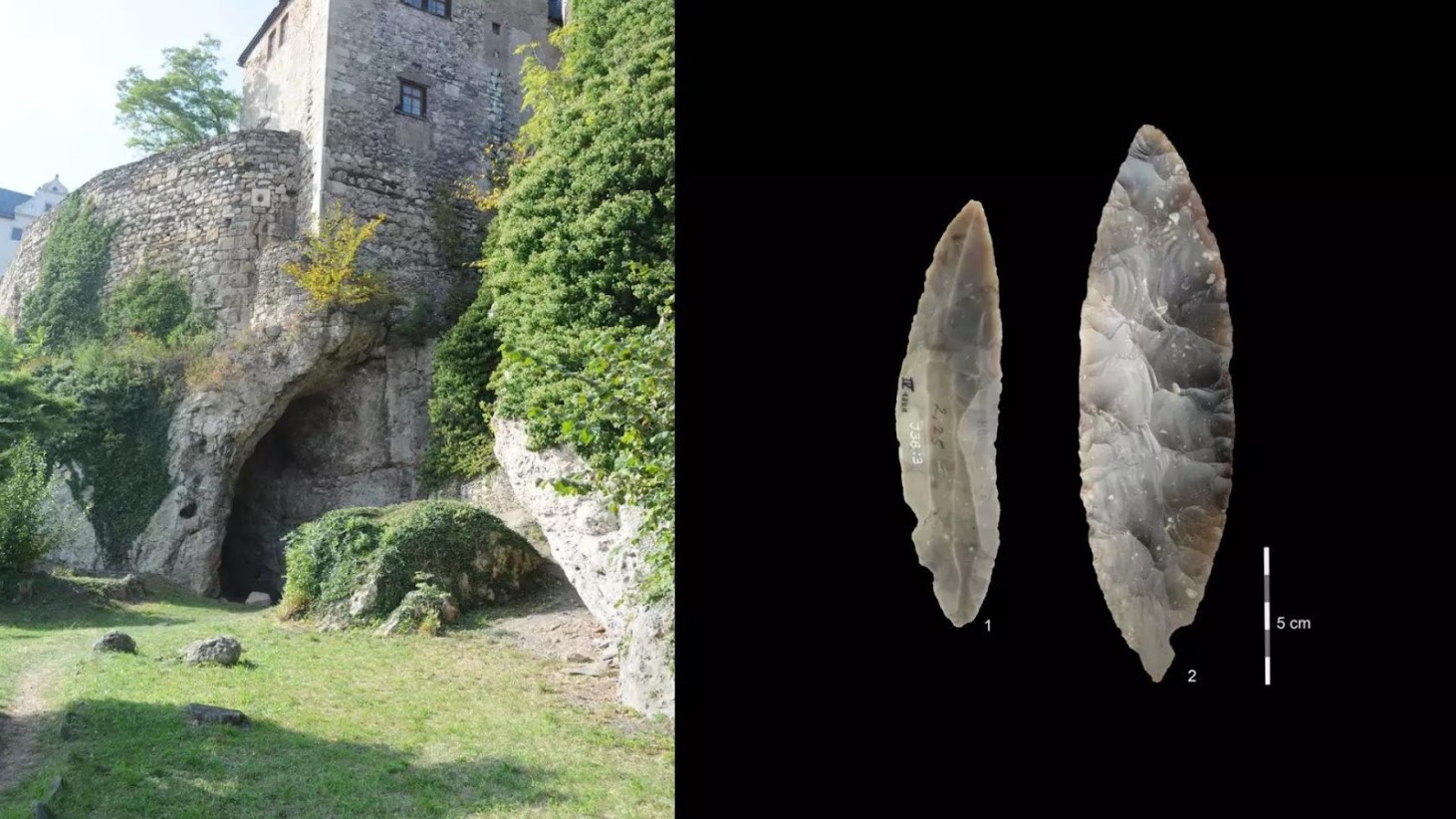 The image is split into two parts. On the left, there is a photograph of an ancient stone castle built upon a large natural cave entrance surrounded by greenery. On the right, against a black background, two elongated and pointed stone tools are displayed side by side with a white ruler for scale marked in centimeter