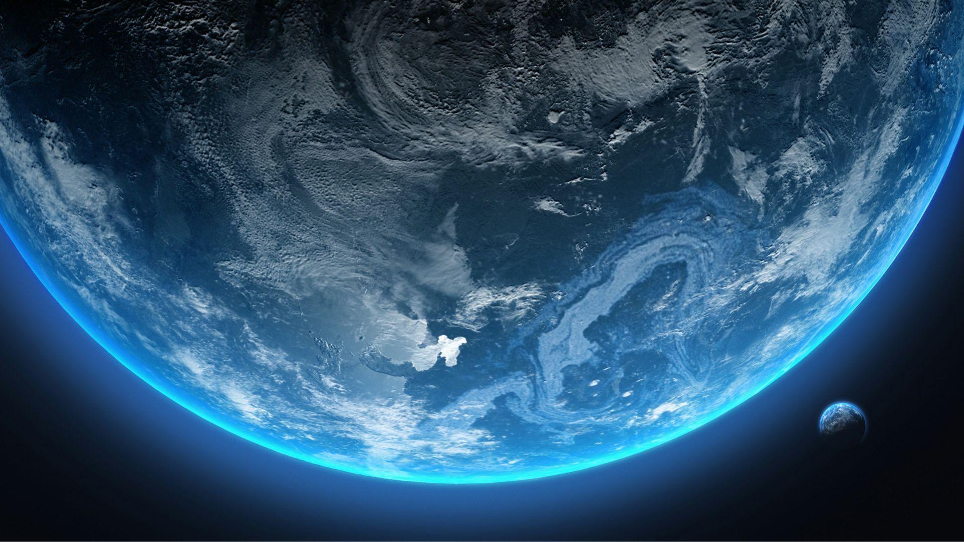 A 3D render of an early Earth planet that shows Earth in outer space, with features of Pangea, and a distant planet in the background.