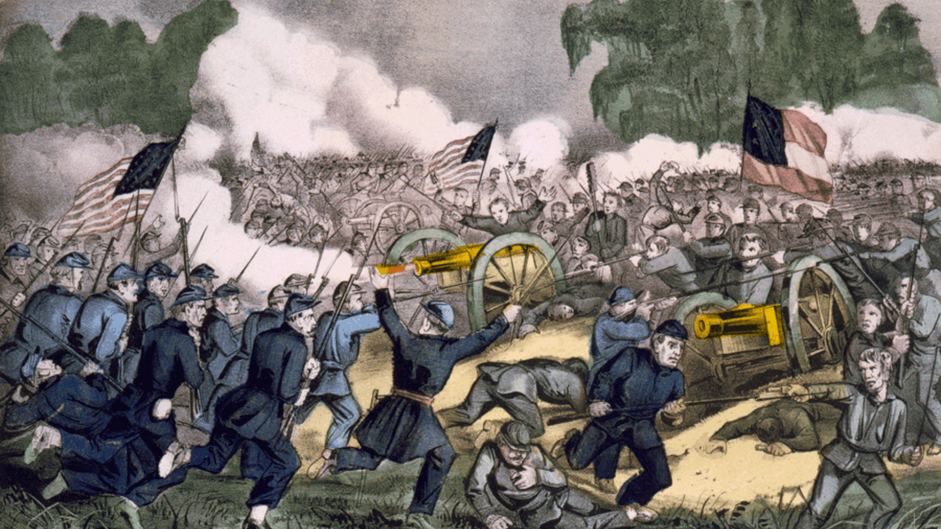 The Battle of Gettysburg during the American Civil War, illustrated by Currier and Ives. Men charge each other from both directions with bayonets, cannons fire, smoke fills the air, and flags are flying.