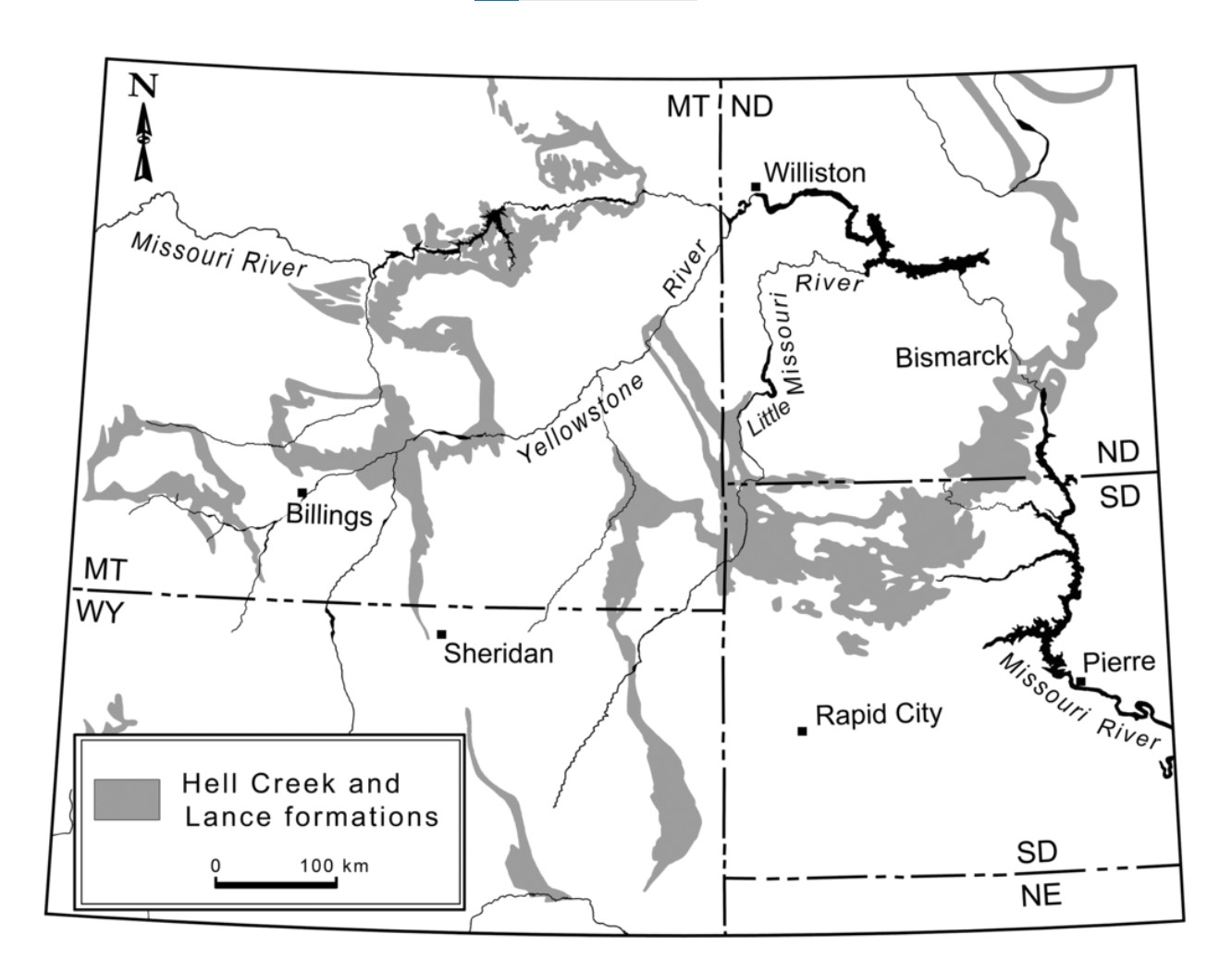 Map of the Hell Creek Formation within North Dakota, South Dakota, Wyoming, and Montana