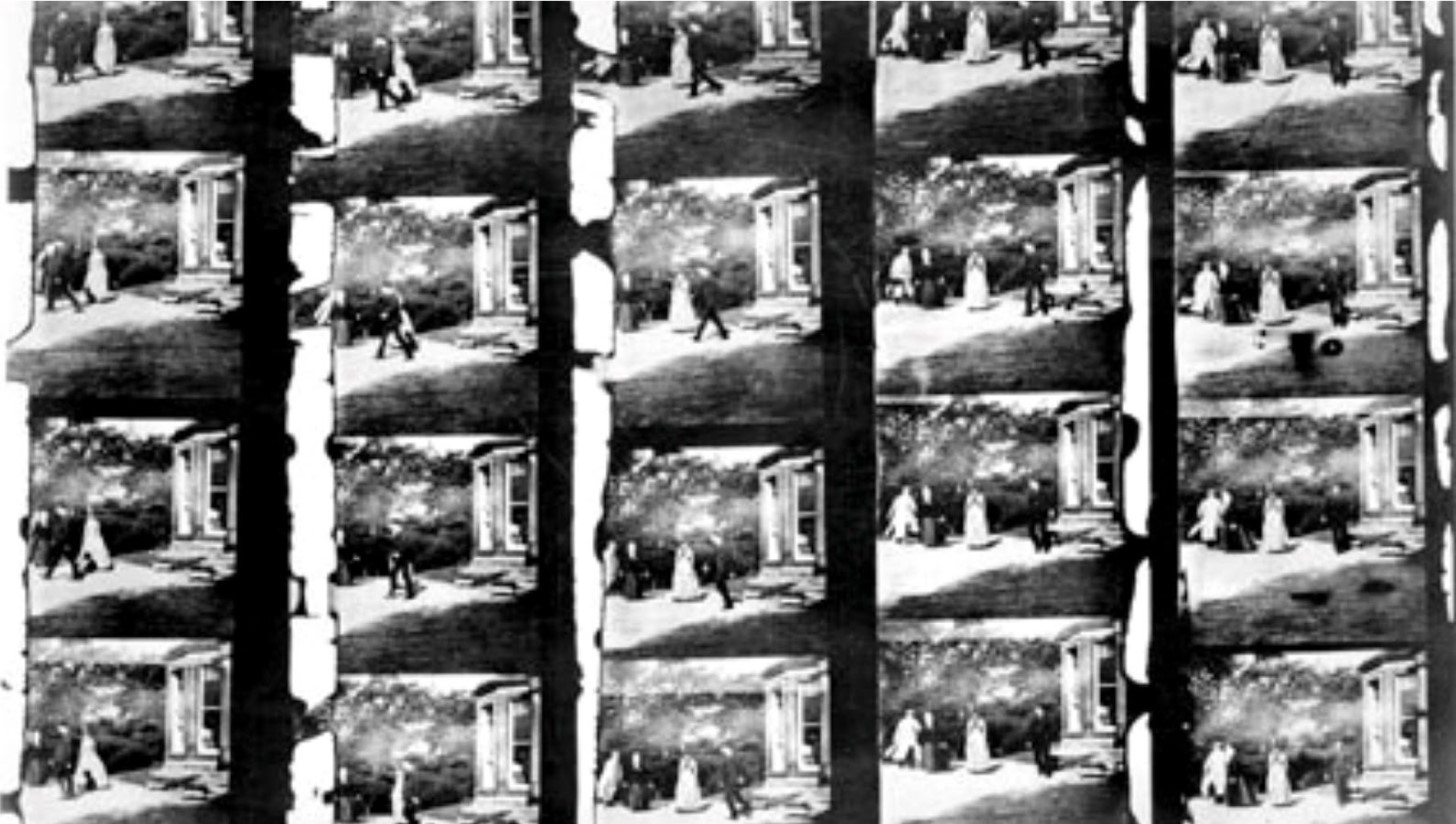 A series of sequential black and white frames from the film "Roundhay Garden Scene." The images are arranged in a grid pattern and show multiple instances of four individuals, two men and two women, in 19th-century attire walking around a garden next to a house