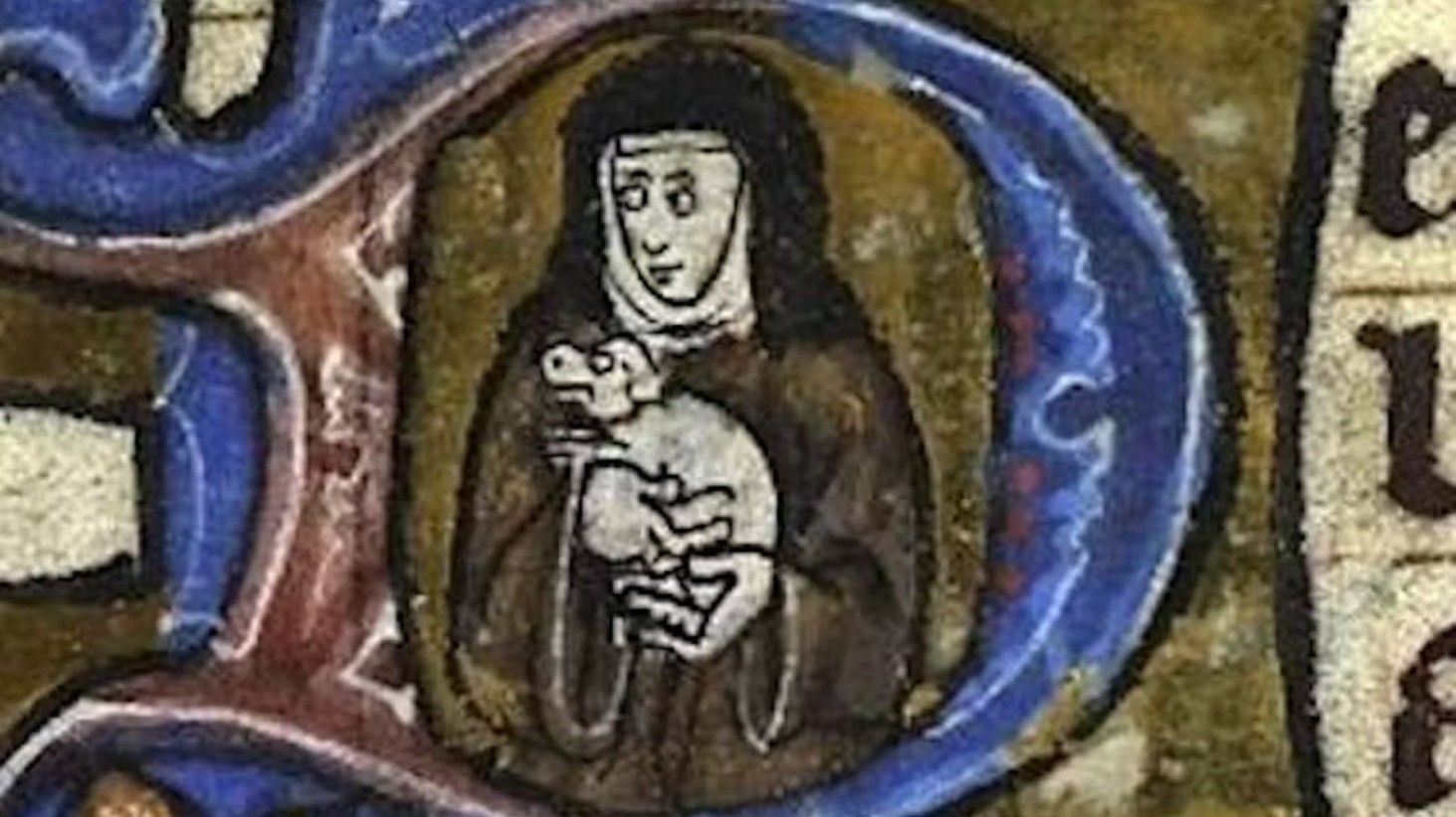 Illustration of a nun holding a small dog. The nun is depicted with a solemn expression, wearing traditional religious attire, and cradling a white dog with dark patches