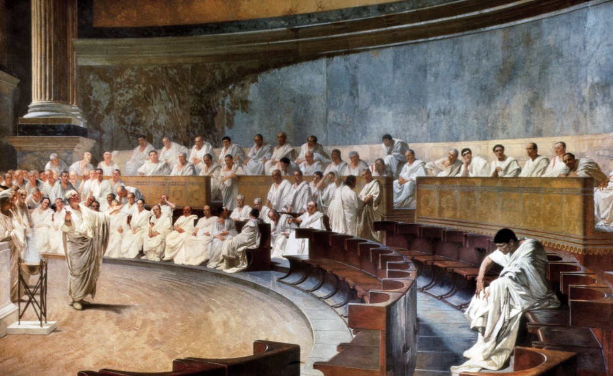 Catiline Orations at the Roman senate: Cicero denounces plot organized by Catiline to take power in 63 BC, mural painting by Cesare Maccari