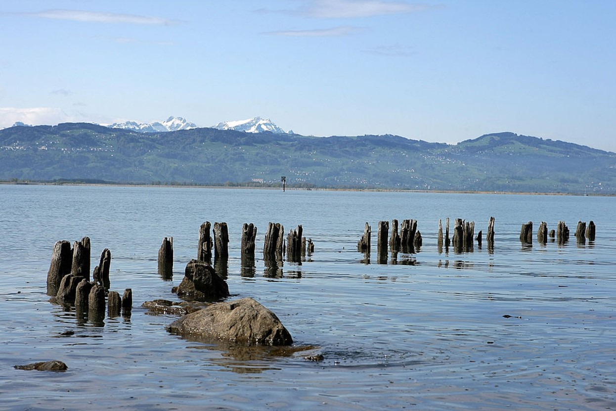 The Alps are seen in the background of the Lake of Constance in Lindau, Germany