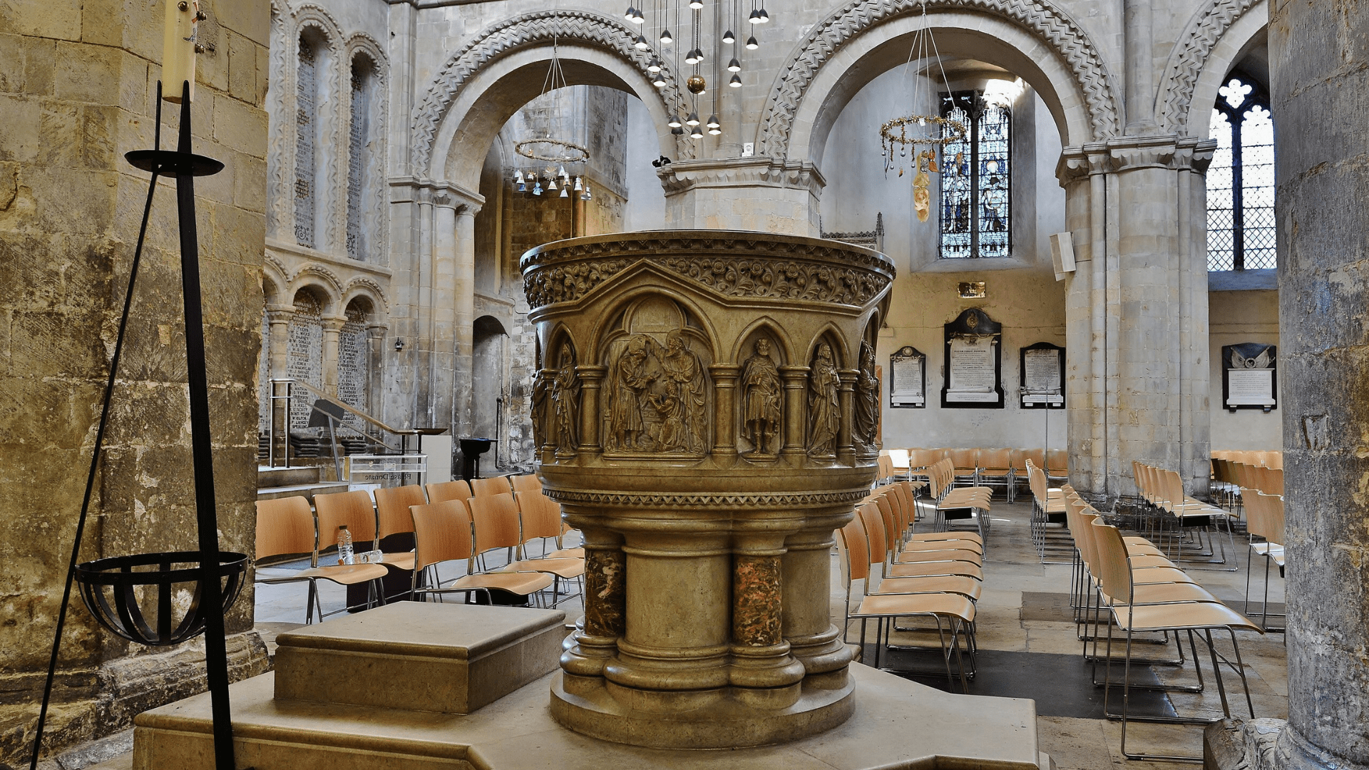The inside of Rochester Cathedral in England, designed by architect Thomas Earp. The architecture is an example of Victorian Gothic architectural style.