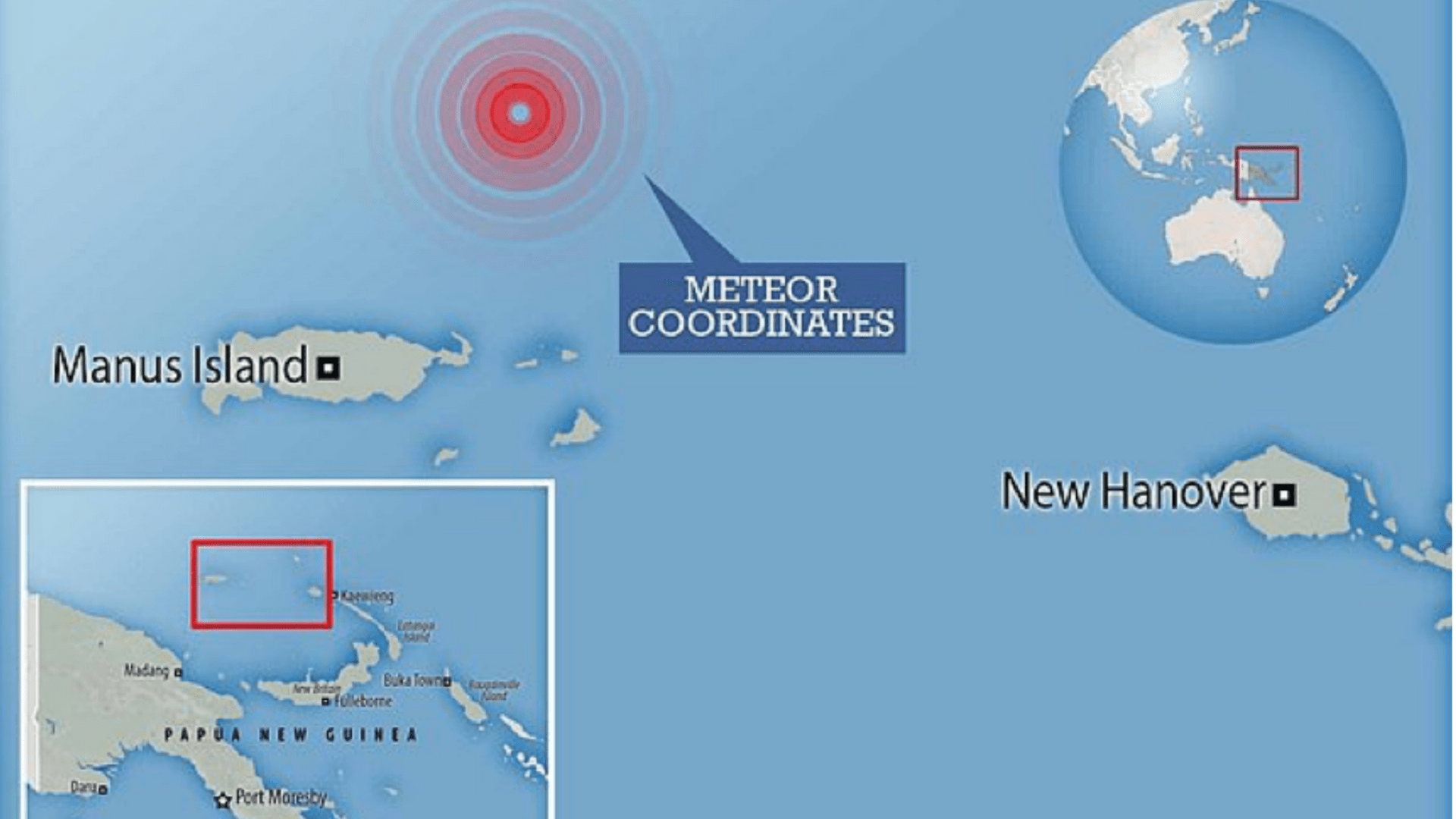 A map showing the location of the IM1 meteor that exploded north of Papua New Guinea.
