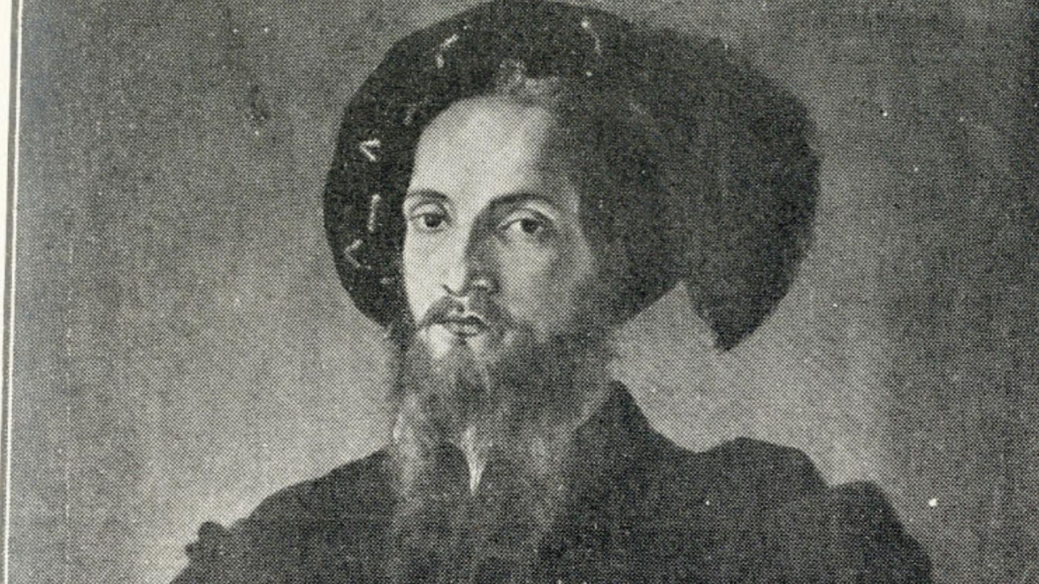 A grayscale photograph of a portrait depicting Renaissance artist Leonardo da Vinci