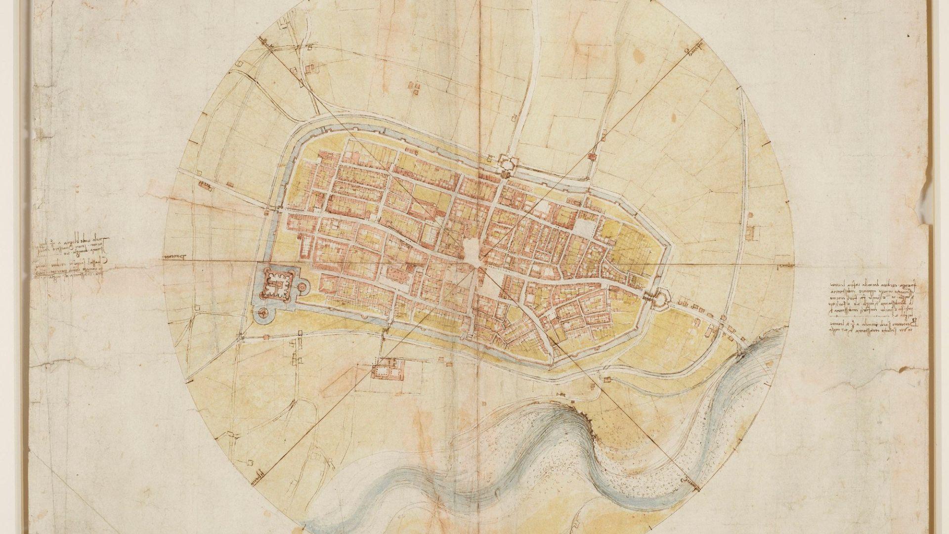 A top-down view of a map in faded colors. A town sits within a large circle resembling a compass with 8 lines denoting directions.