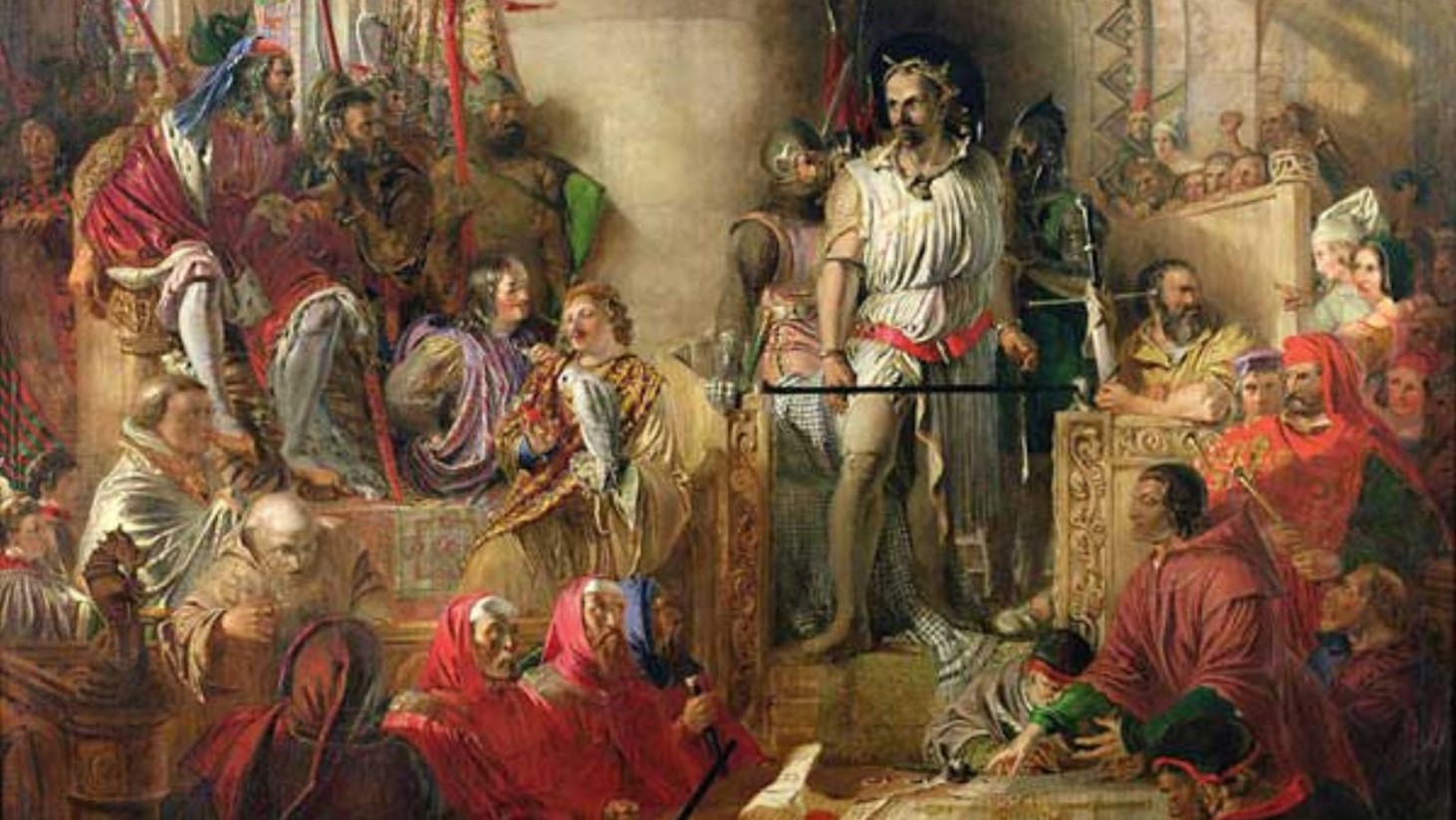 This painting captures a vibrant historical scene inside a royal court. The central figure, possibly a king or nobleman, stands with authority, surrounded by various courtiers and warriors in richly colored garments. To the right, a group of figures engages in a discussion, while a man in red gestures emphatically. The left side shows soldiers and dignitaries in elaborate dress