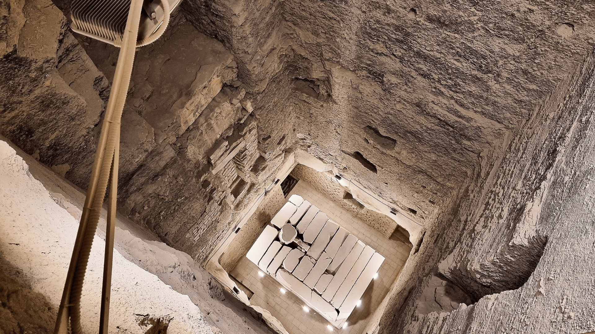 A photo looking down into the sarcophagus chamber at Djoser's southern entrance.