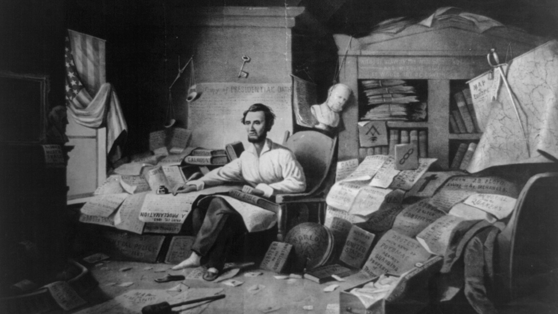 Black-and-white drawing of Abraham Lincoln hard at work on drafting legislation and speeches inside of his study. The drawing was made by David Gilmour Blythe in 1863.