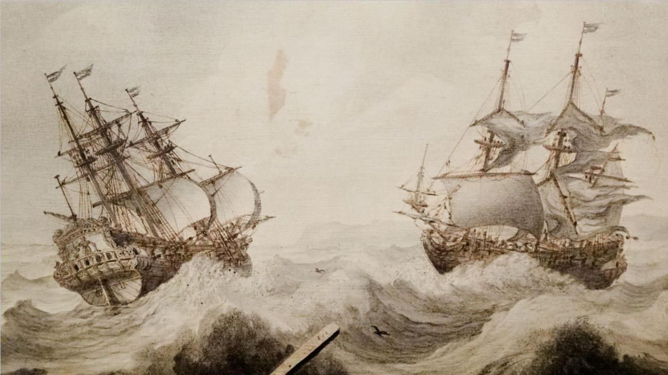 Two ships on a violent sea in the 1600s Cornelis Pietersz. de Mooy painting
