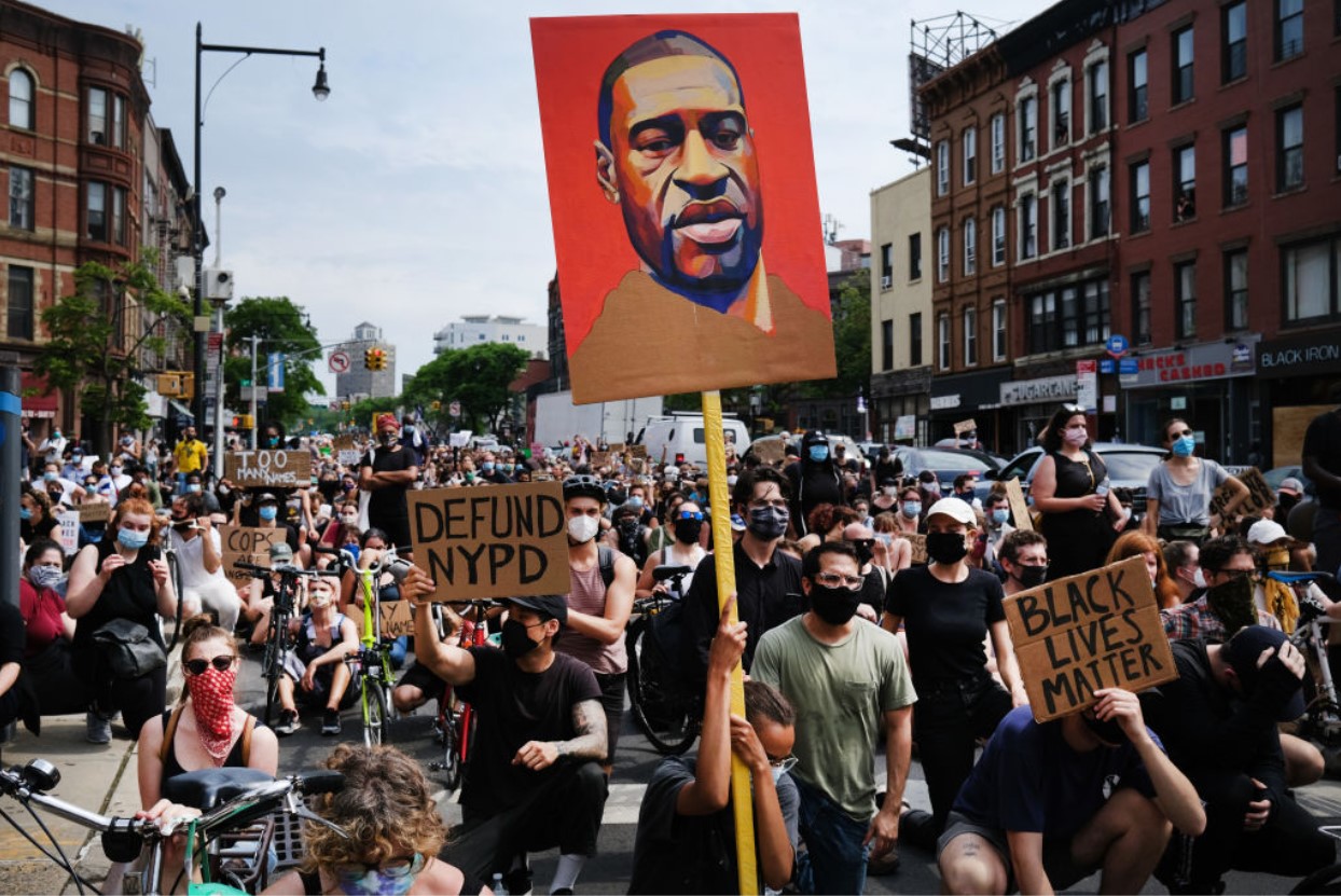 Protesters march in downtown Brooklyn over the killing of George Floyd by a Minneapolis Police officer on June 05, 2020, in New York City