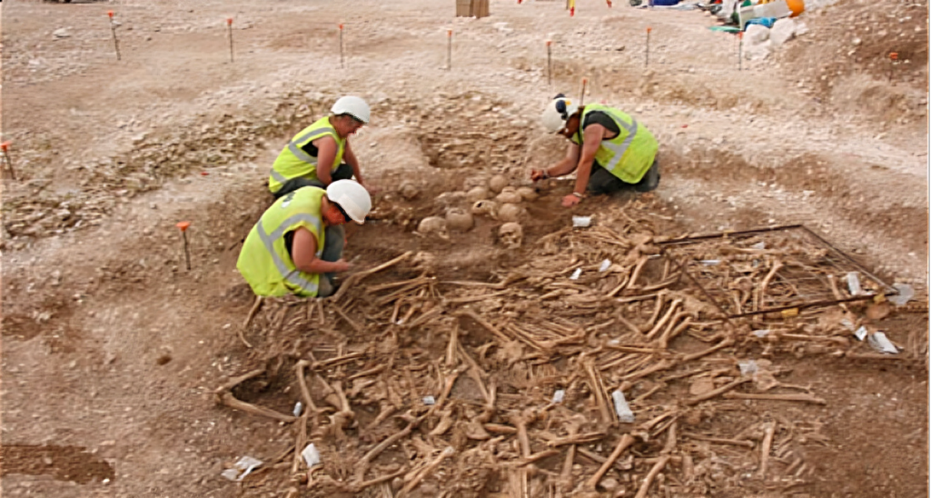 Archaeologists working to excavate Viking skeletons.