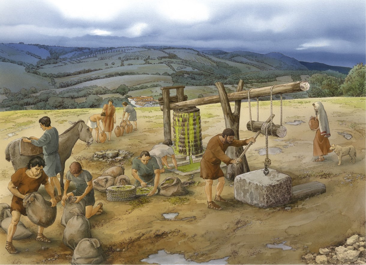 Illustration of a family-run farm during the Roman Empire