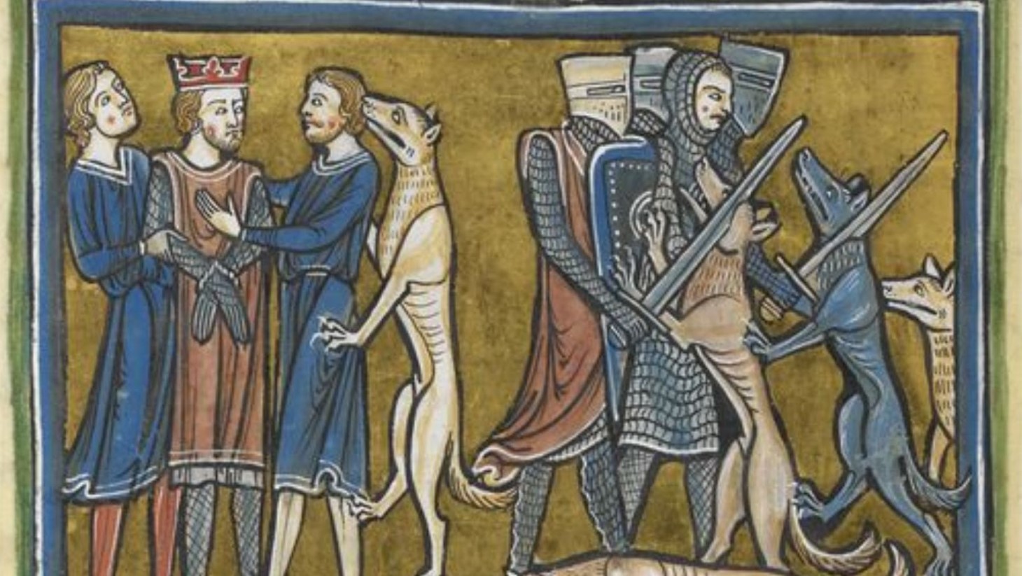 An illuminated manuscript illustration depicting two scenes with medieval nobles and dogs. On the left, three men in blue robes, one wearing a crown, appear to be in conversation. On the right, two armored knights are accompanied by three dogs, one of which is interacting with a knight