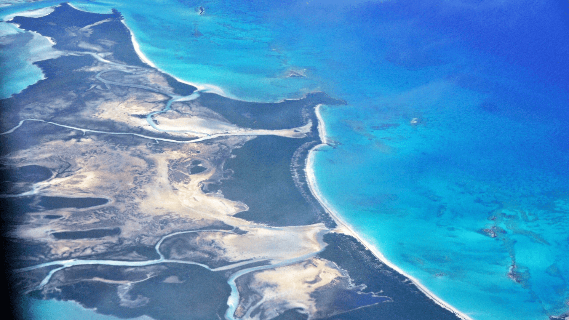An aerial photo of Shroud Cay, an island in the Exuma Sound.