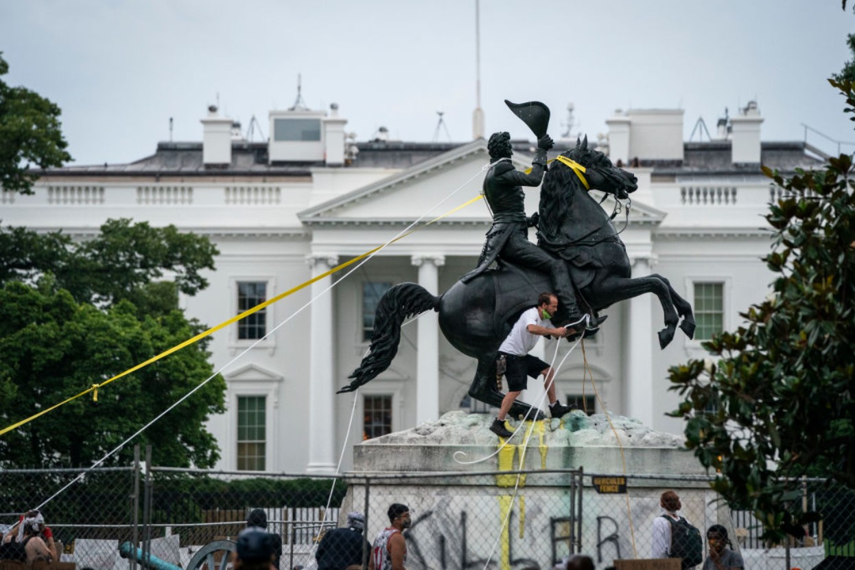 Protesters attempt to pull down the statue of Andrew Jackson in Lafayette Square near the White House