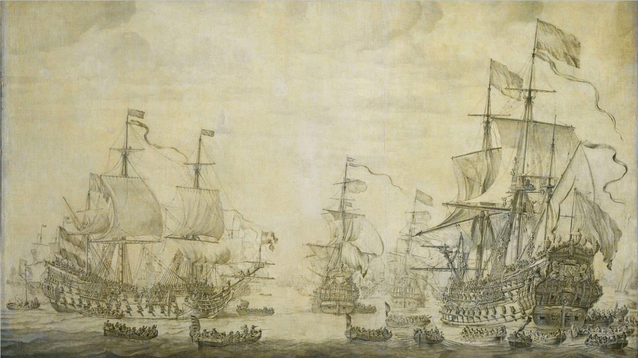 1666 Willem van de Velde the Elder painting of multiple large ships and smaller boats in the ocean.