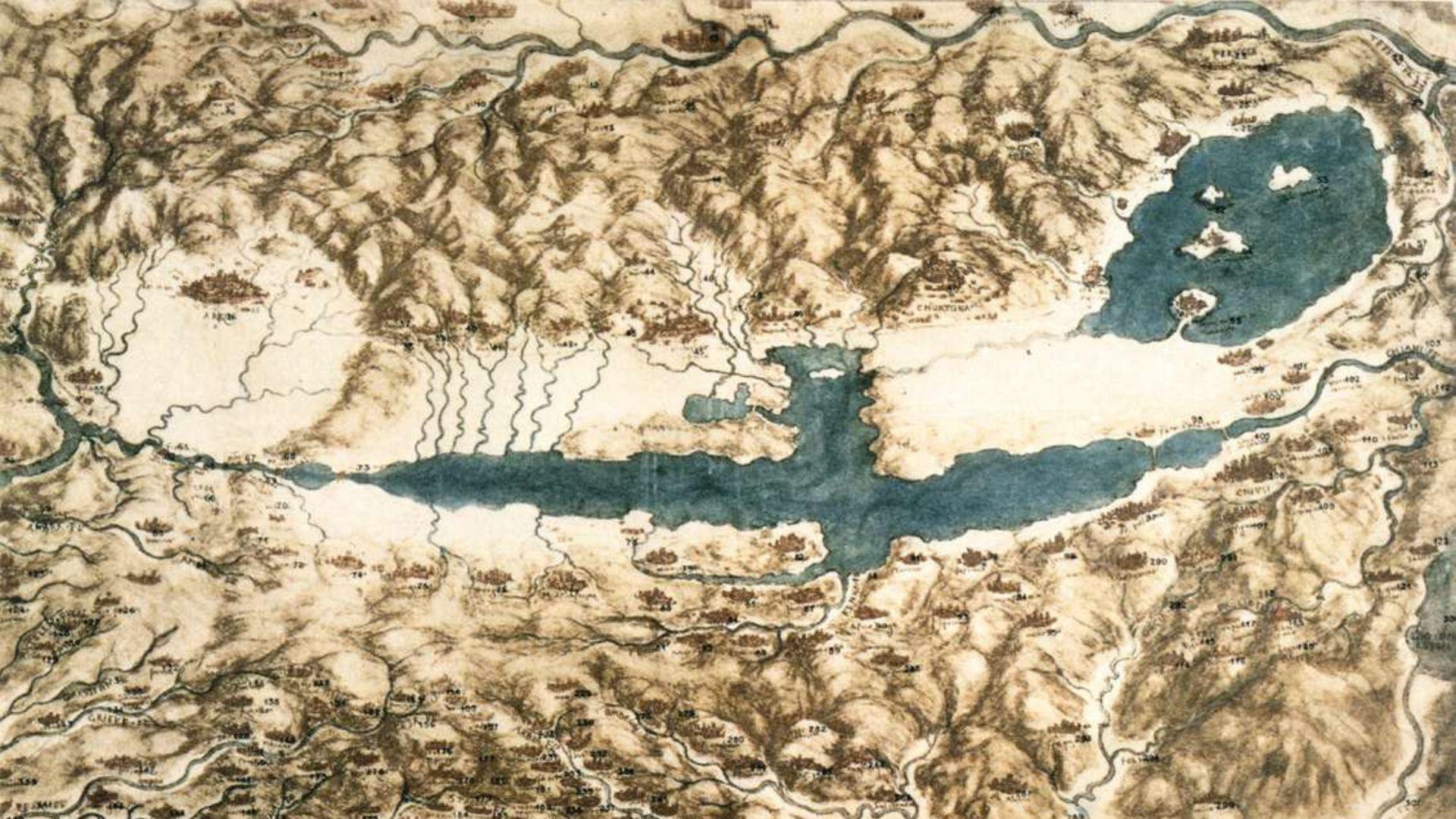 Faded topographical map showing a valley with a river running through the middle.