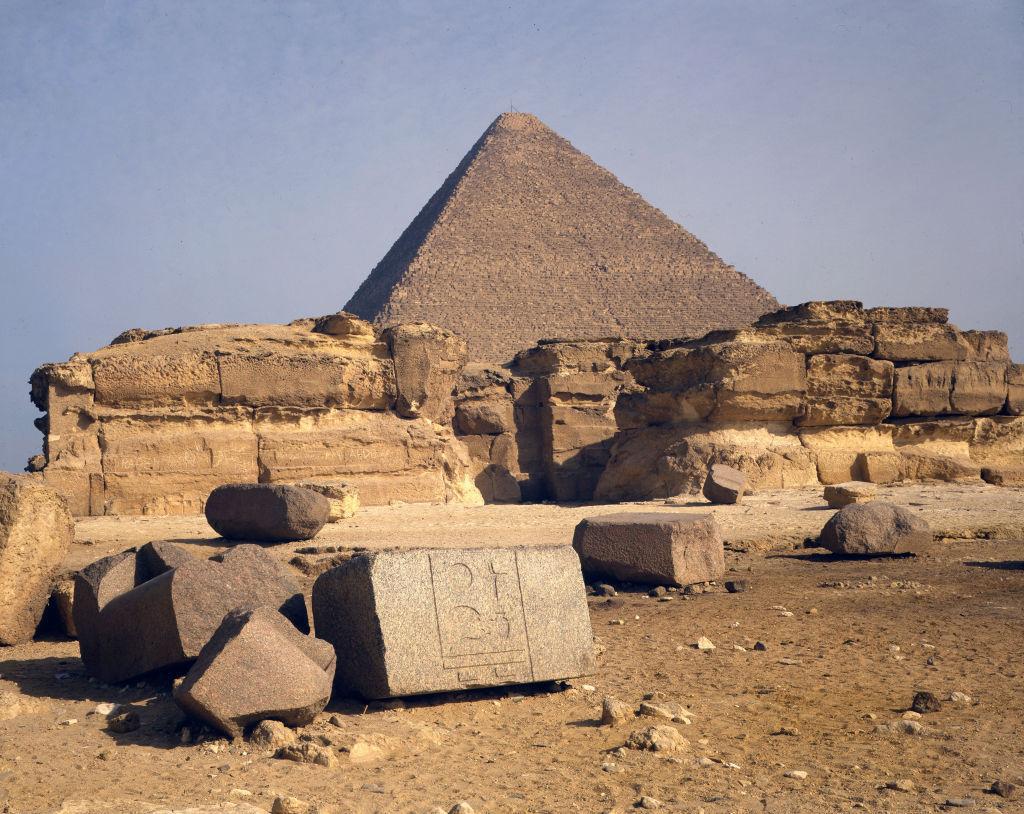 A photograph taken at the Giza Plateau showing one of the three major pyramids