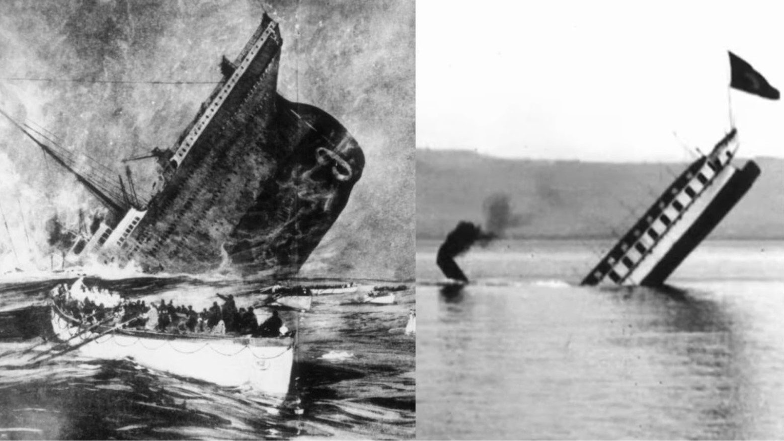 Illustrated depiction of the Titanic sinking in 1912 as survivors row away/Photograph of the Saentis steamship, known as the “Titanic of the Alps” sinking on Lake Constance in 1933