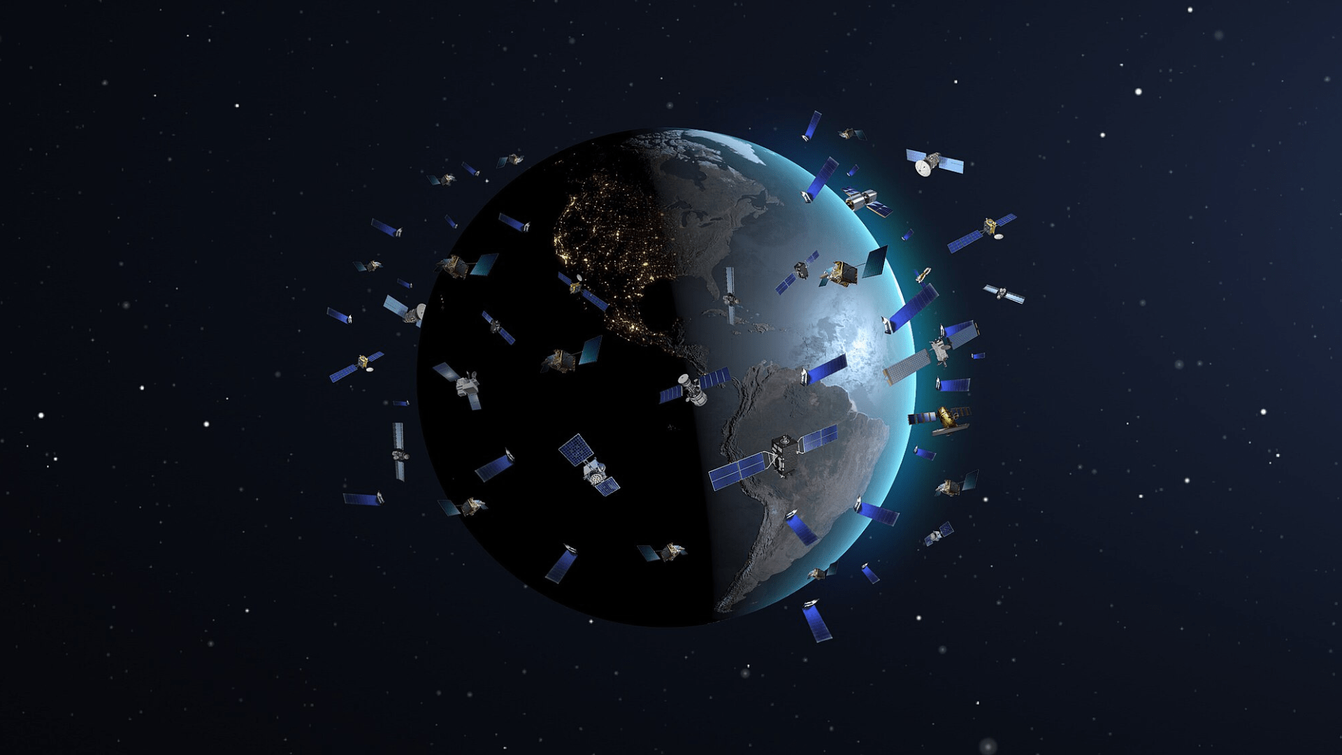 An artist’s impression of SpaceX’s batch of 60 Starlink communication satellites in low-Earth orbit. The satellites are not to-scale and are enlarged.