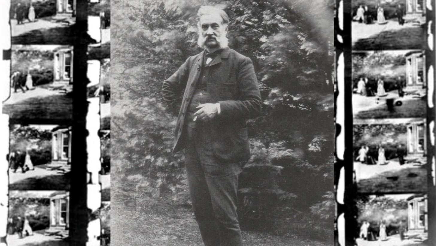 A composite image featuring a portrait of Louis Le Prince, superimposed to the left, with a series of film frames from "Roundhay Garden Scene" aligned on the right. Le Prince is depicted with a full beard, wearing a jacket and vest, standing confidently with one hand inserted into his pocket