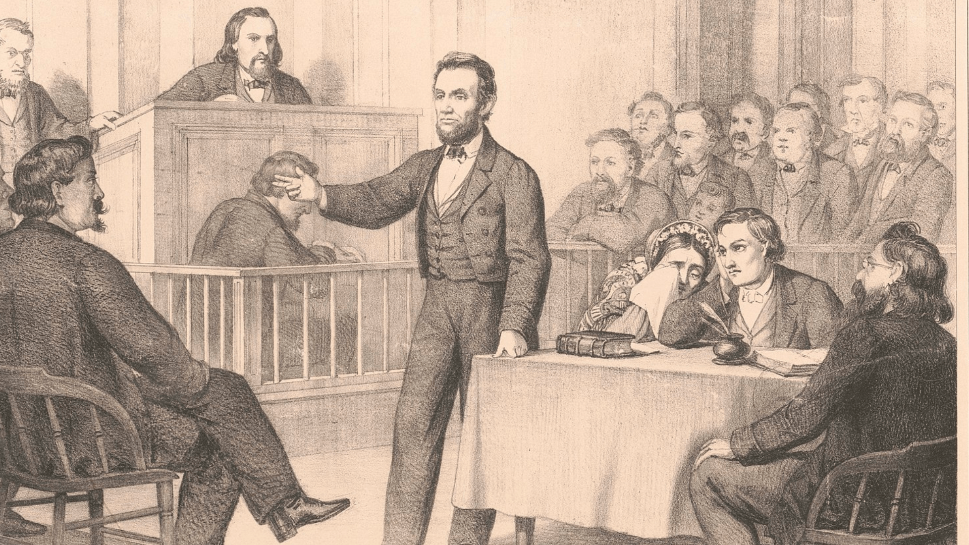 A drawing of Abraham Lincoln spelling in court during his years as a defense attorney.