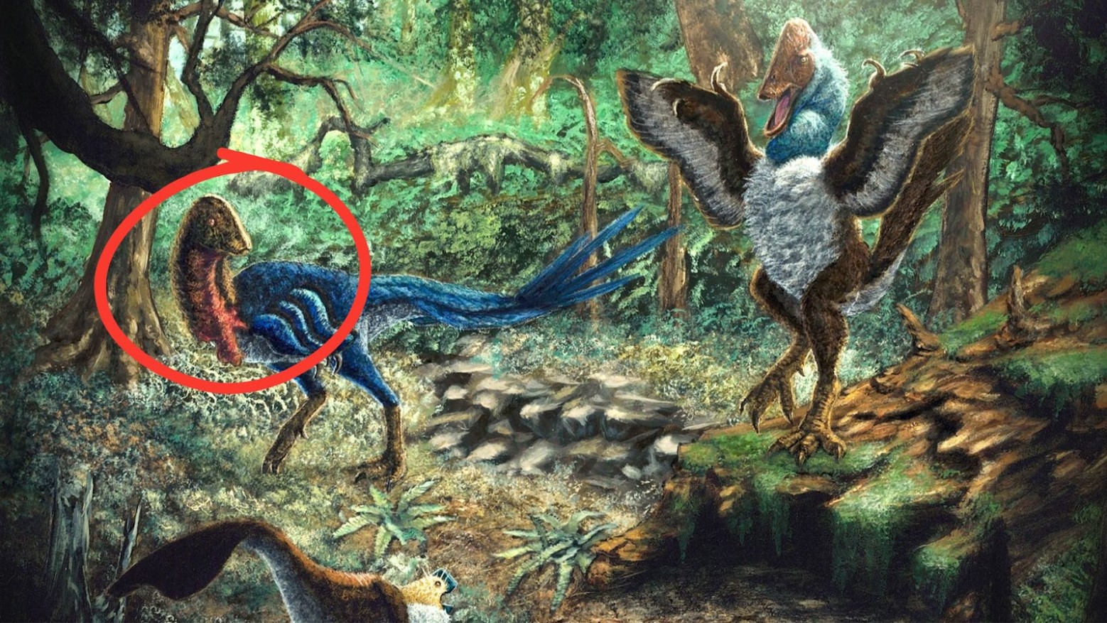 Illustration of the newly discovered Eoneophron infernalis alongside a Anzu wyliei dinosaur