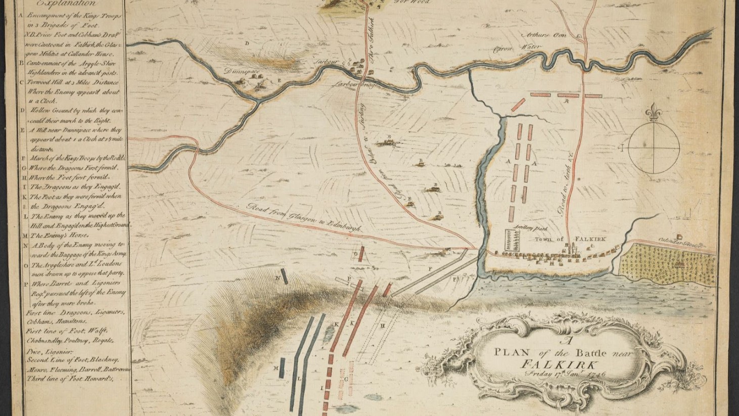 The image shows an aged image of a hand drawn map showing a plan for the Battle of Falkirk