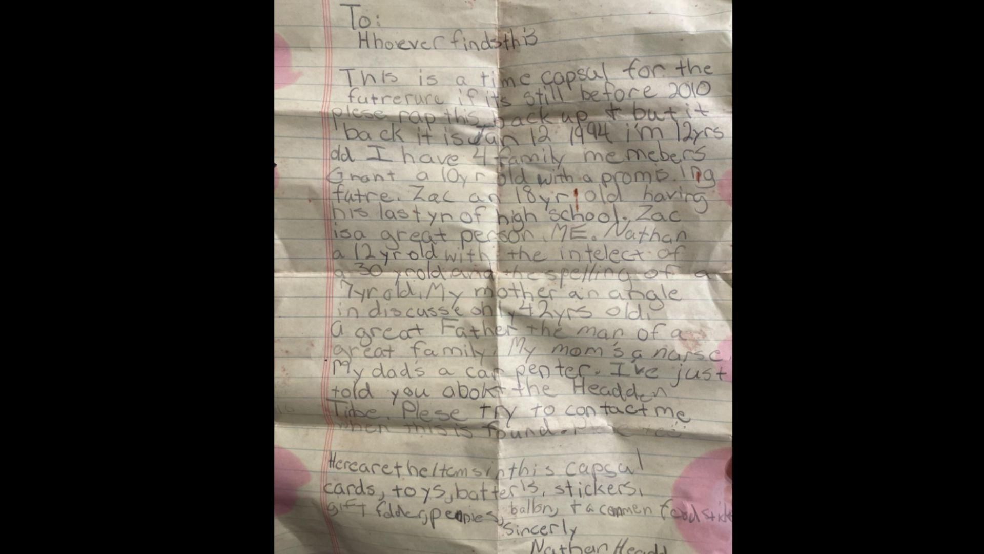 Photograph of the letter Nathan Headden included in his time capsule from 1994