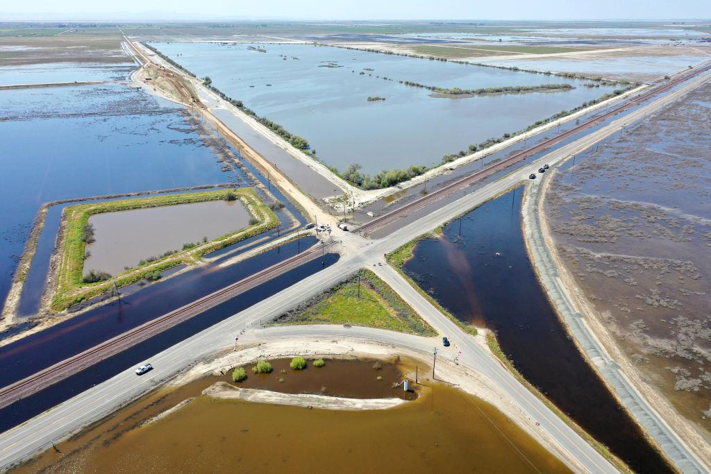 An aerial view of floodwaters inundating farmland in the region of the reemerging Tulare Lake