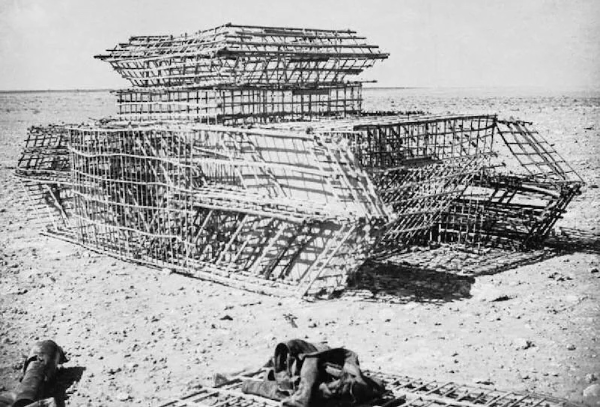 A large dummy tank made from sticks during World War II