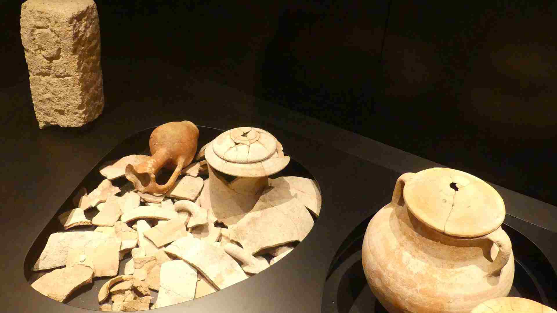 Urns containing cremated human remains.