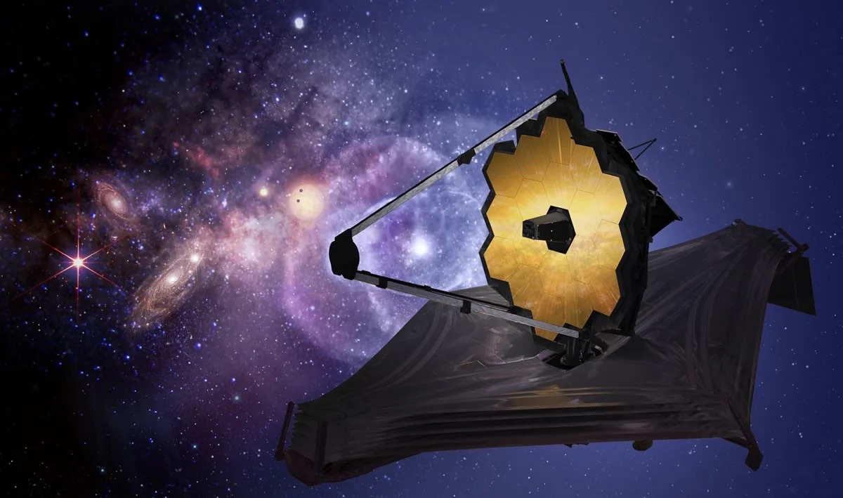 A CGI image of the James Webb Space Telescope in space