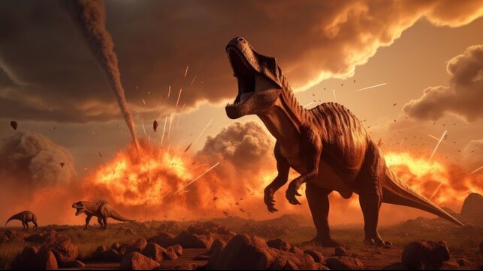 Illustration of an asteroid hitting the earth and killing the dinosaurs
