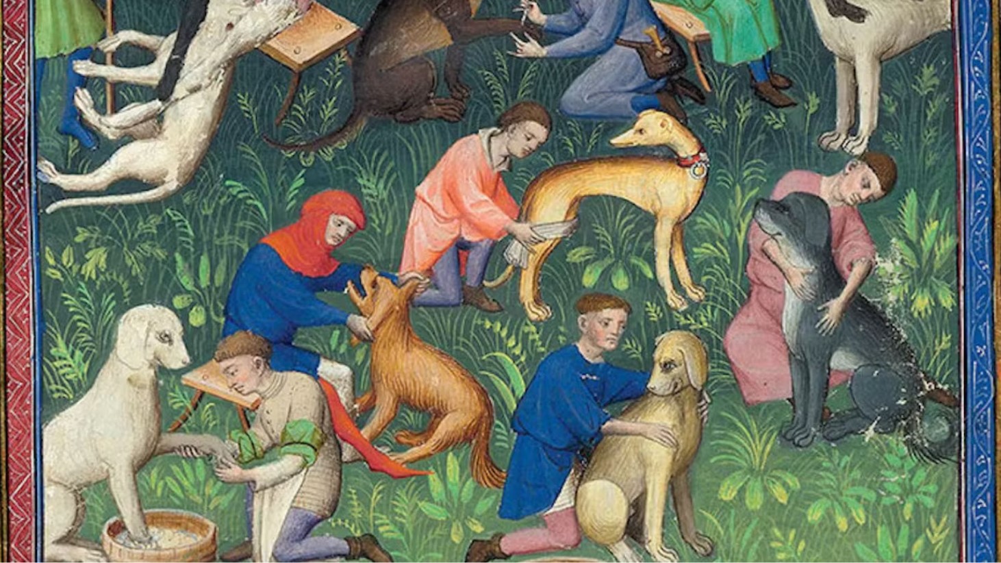 A vibrant medieval manuscript illustration showcasing various individuals engaging with dogs in a grassy field. There are multiple scenes of interaction: a person in blue feeds a white dog from a bowl, another in red grooms a tan dog, while a third in pink relaxes with a grey dog's head in their lap. Other dogs and people are depicted in various states of play and care, including a dog being hoisted into the air