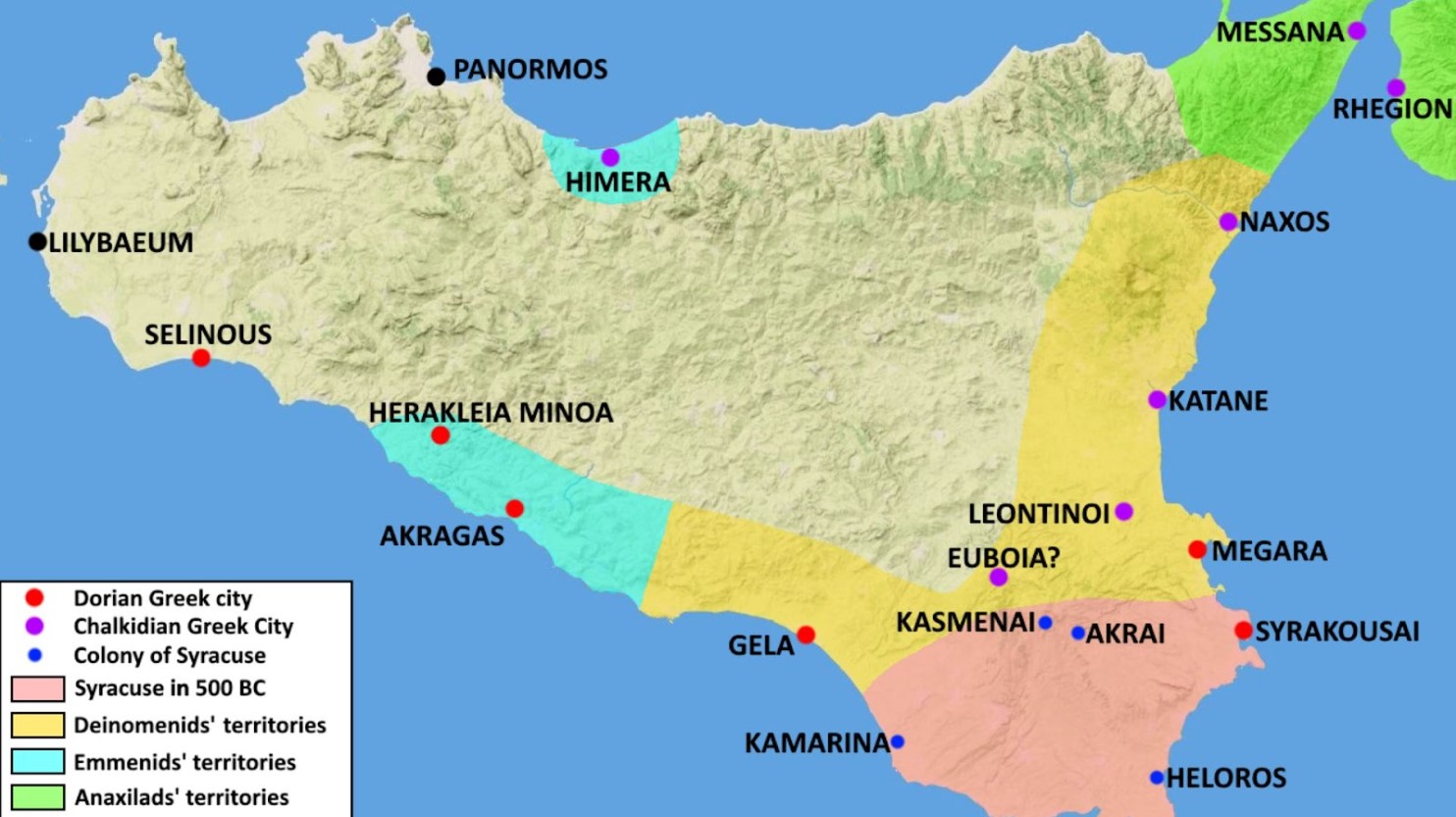 A colorful map of an island labelled with Greek-named cities.