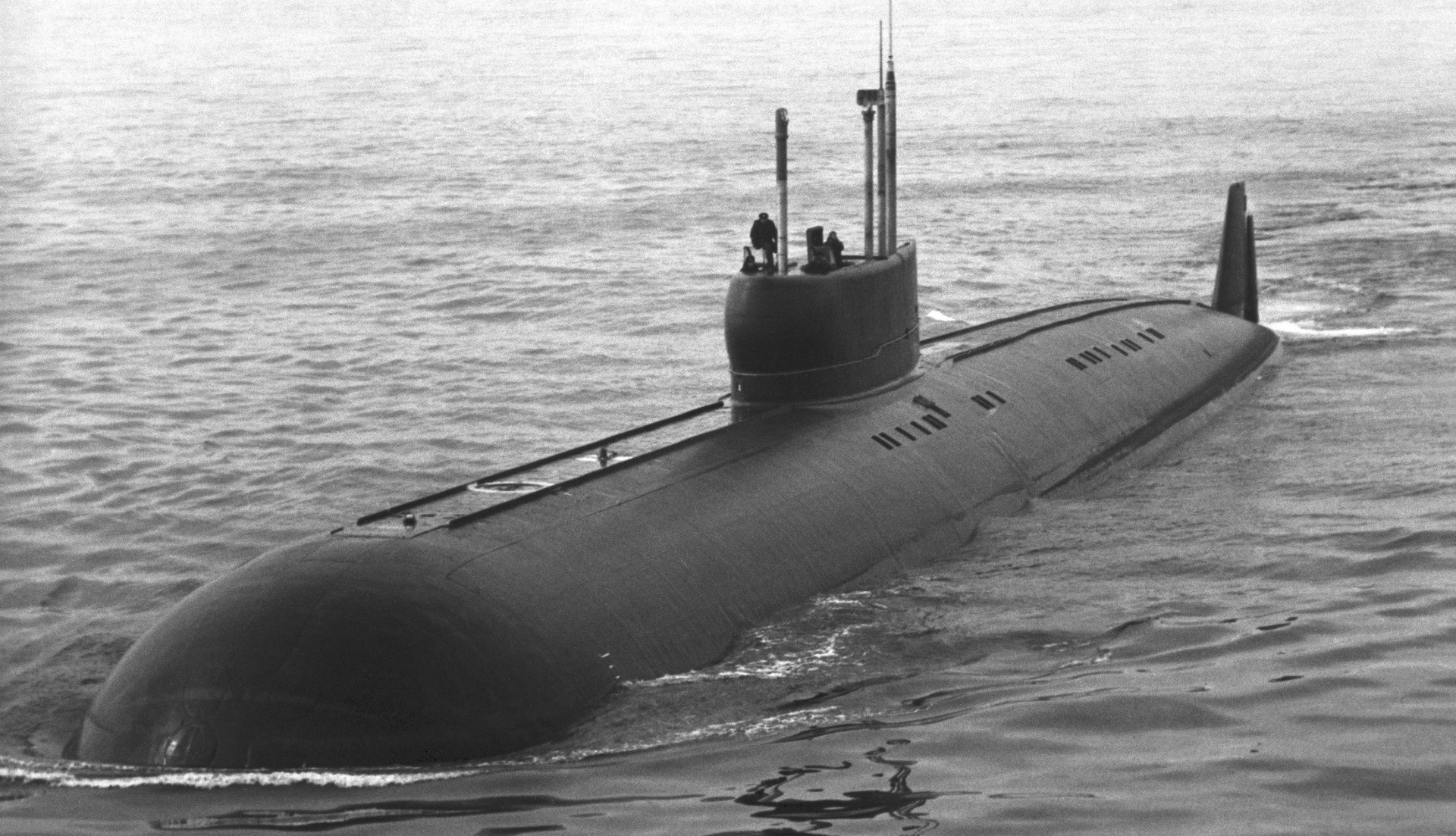 A port bow view of a Soviet Papa class cruise missile submarine underway.
