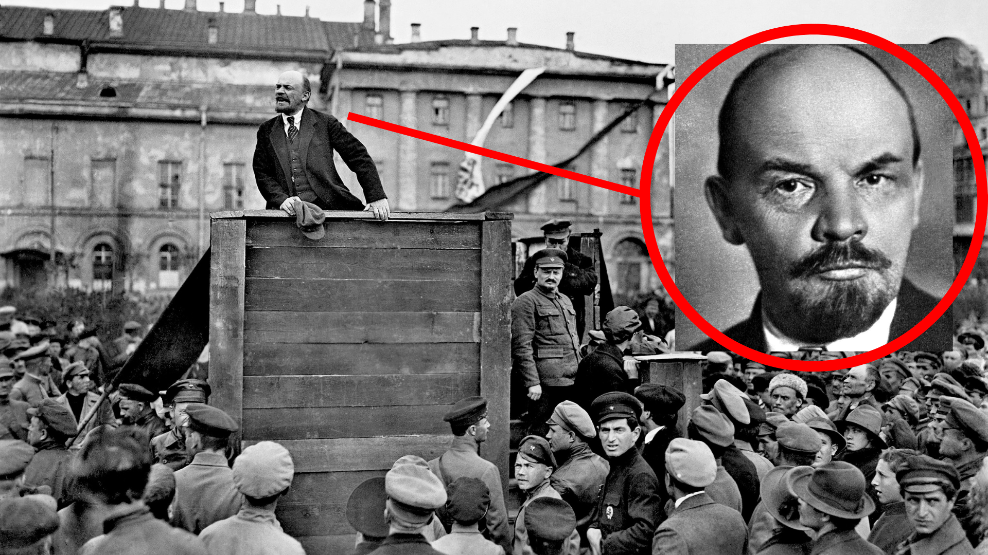 Black-and-white photo of Vladimir Lenin speaking to a large crowd in Moscow from a large wooden podium on May 5, 1920. A red line leads to a red circle around an enlarged portrait photo of Lenin’s head.