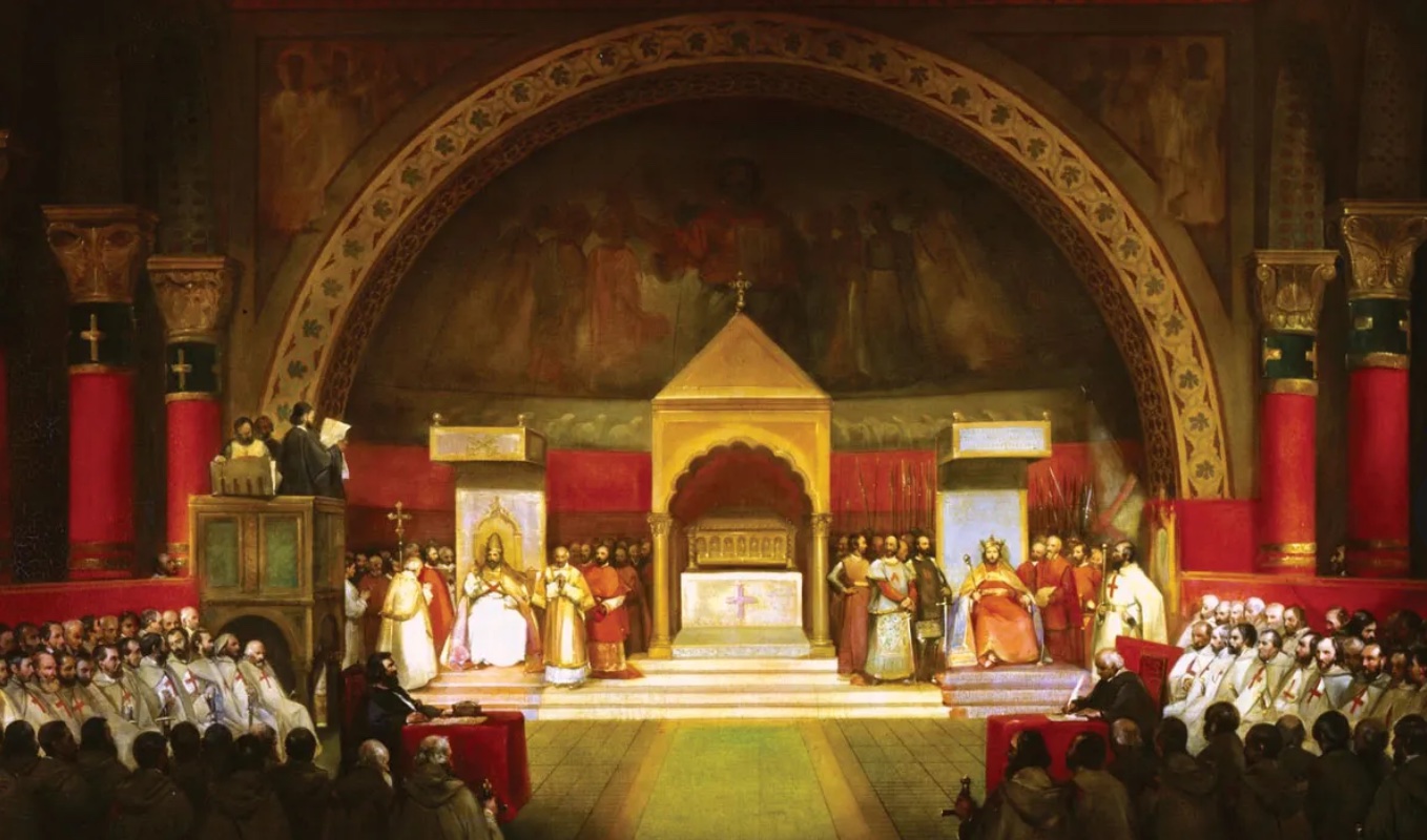 An oil painting of the Knights Templar holding a meeting in Paris, France