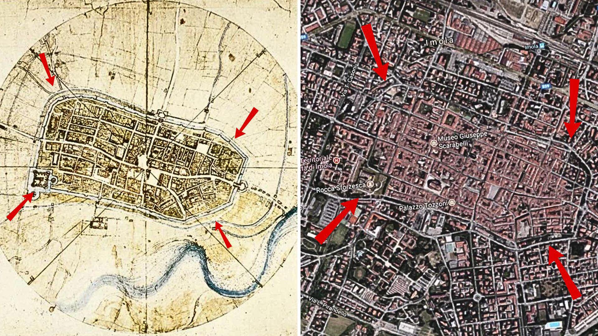 A faded map of a town on the left next to a modern-day satellite image of the same town on the right. In each image, four red arrows mark the four corners of the town.