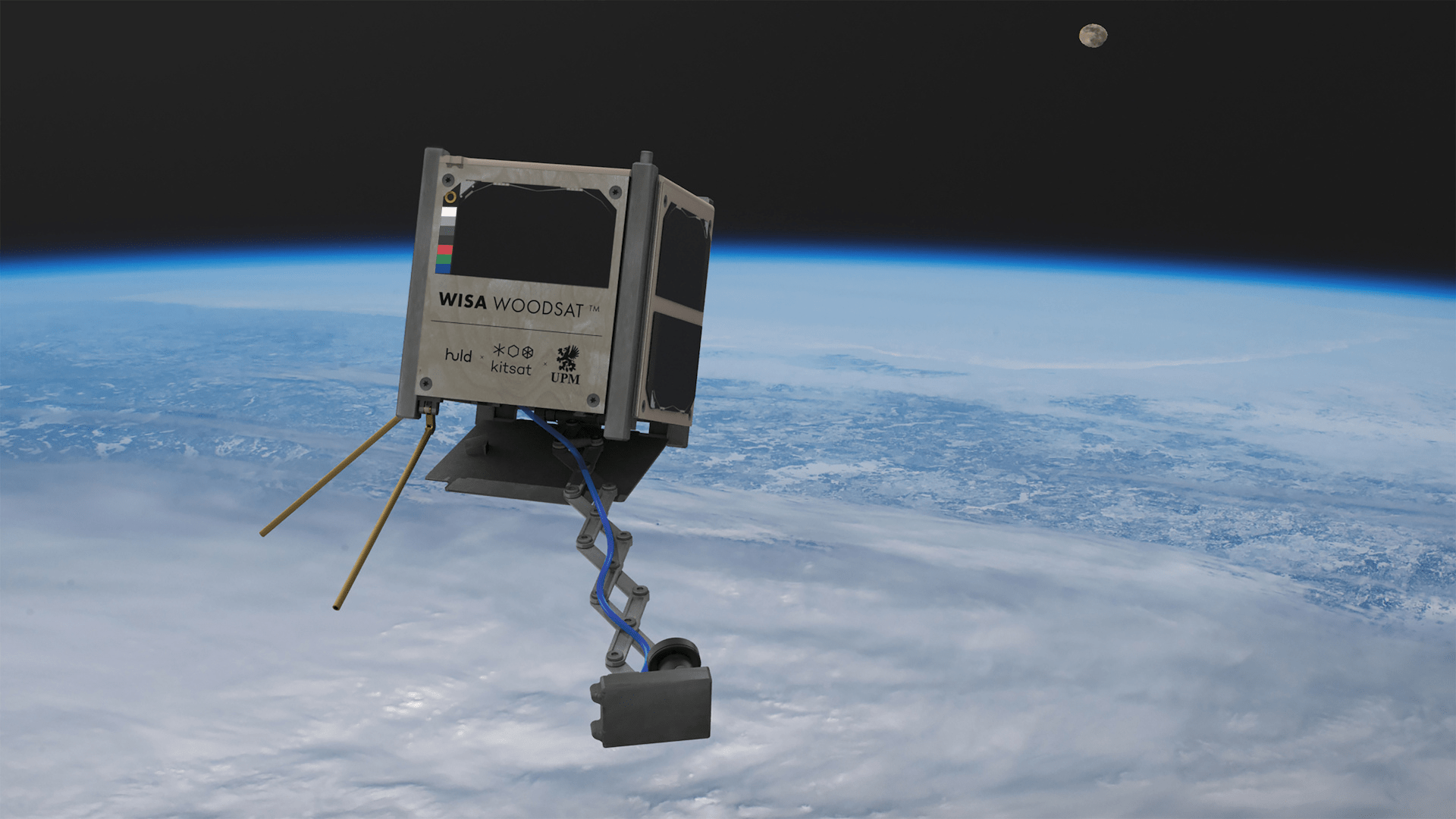 Artist’s rendering of the WISA Woodsat wooden satellite floating in orbit.